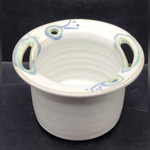 Signed Studio Art Pottery Reticulated Bowl White Blue Drip 4.5”